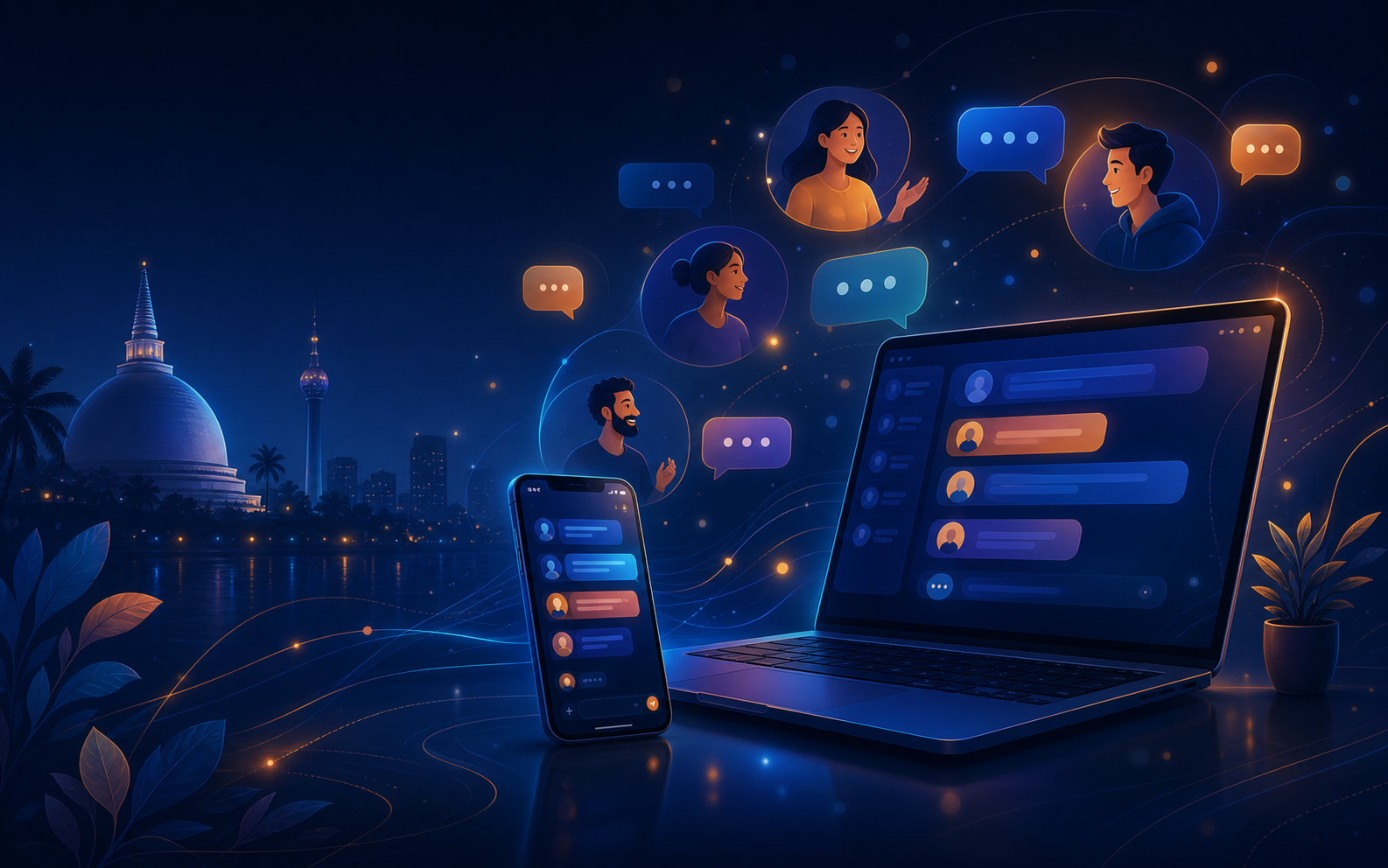 Illustration of public Sri Lankan chat across mobile and desktop