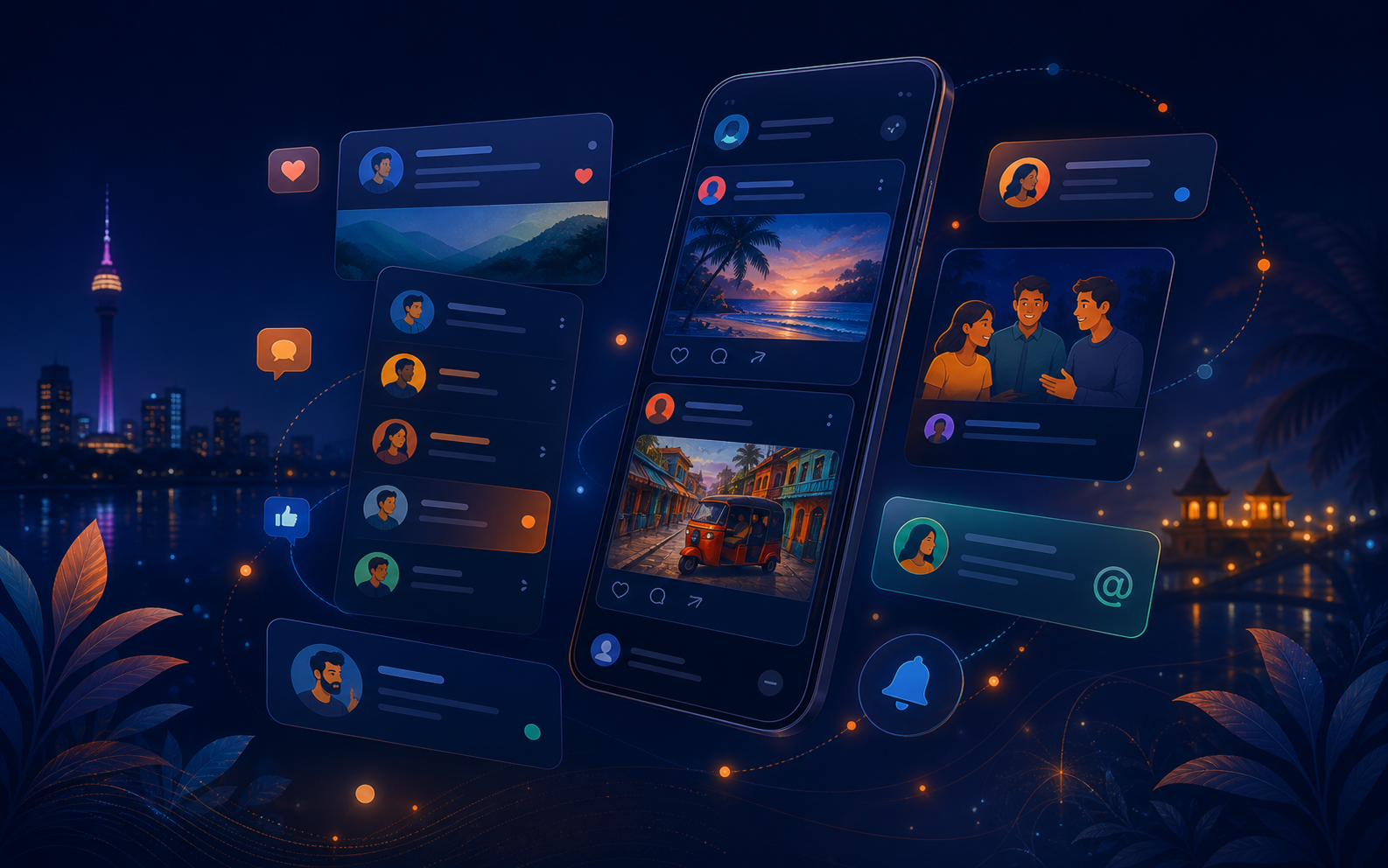 Illustration of social posts, profiles, and community updates